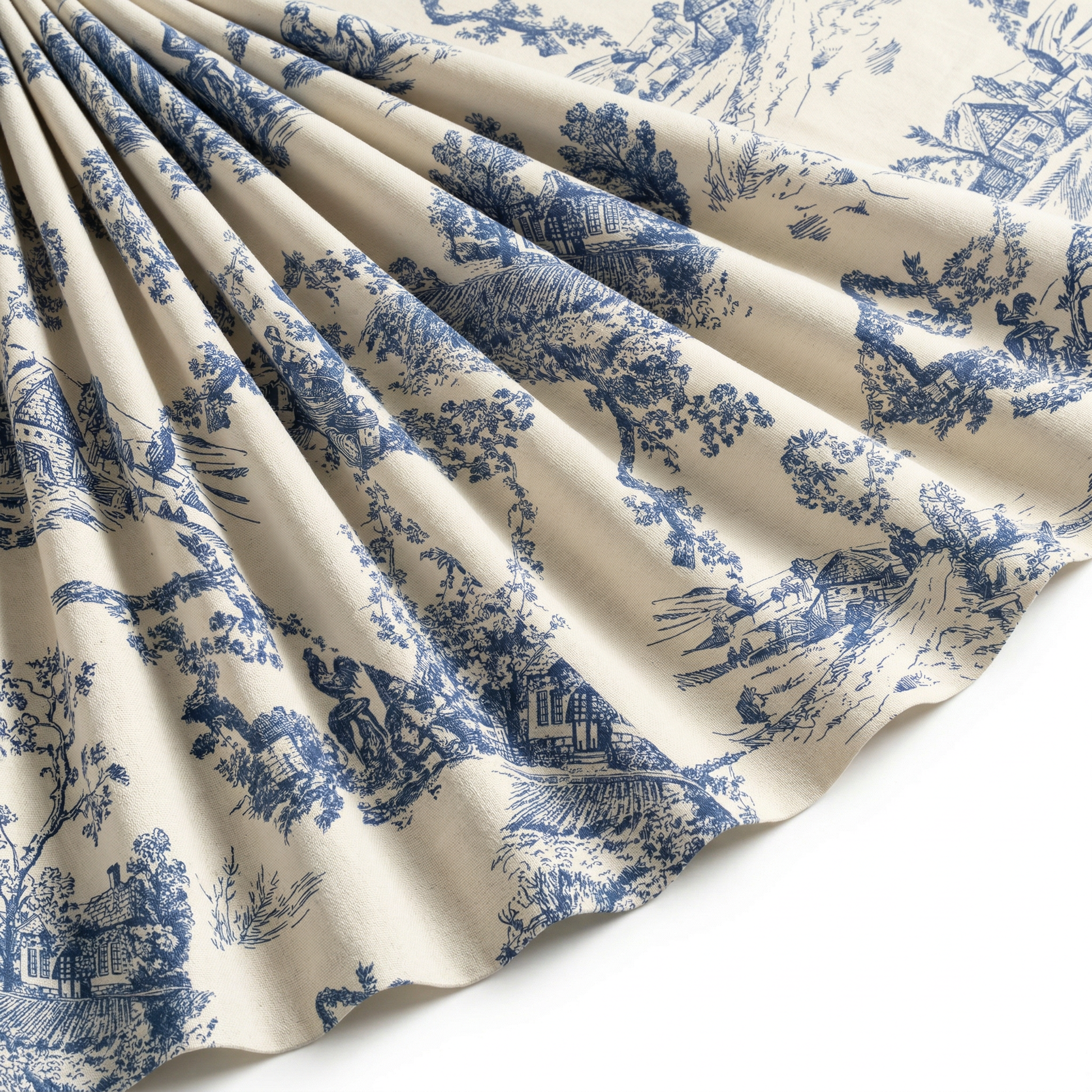 Tissu Toile de Jouy Coton Village Traditionnel Bleu