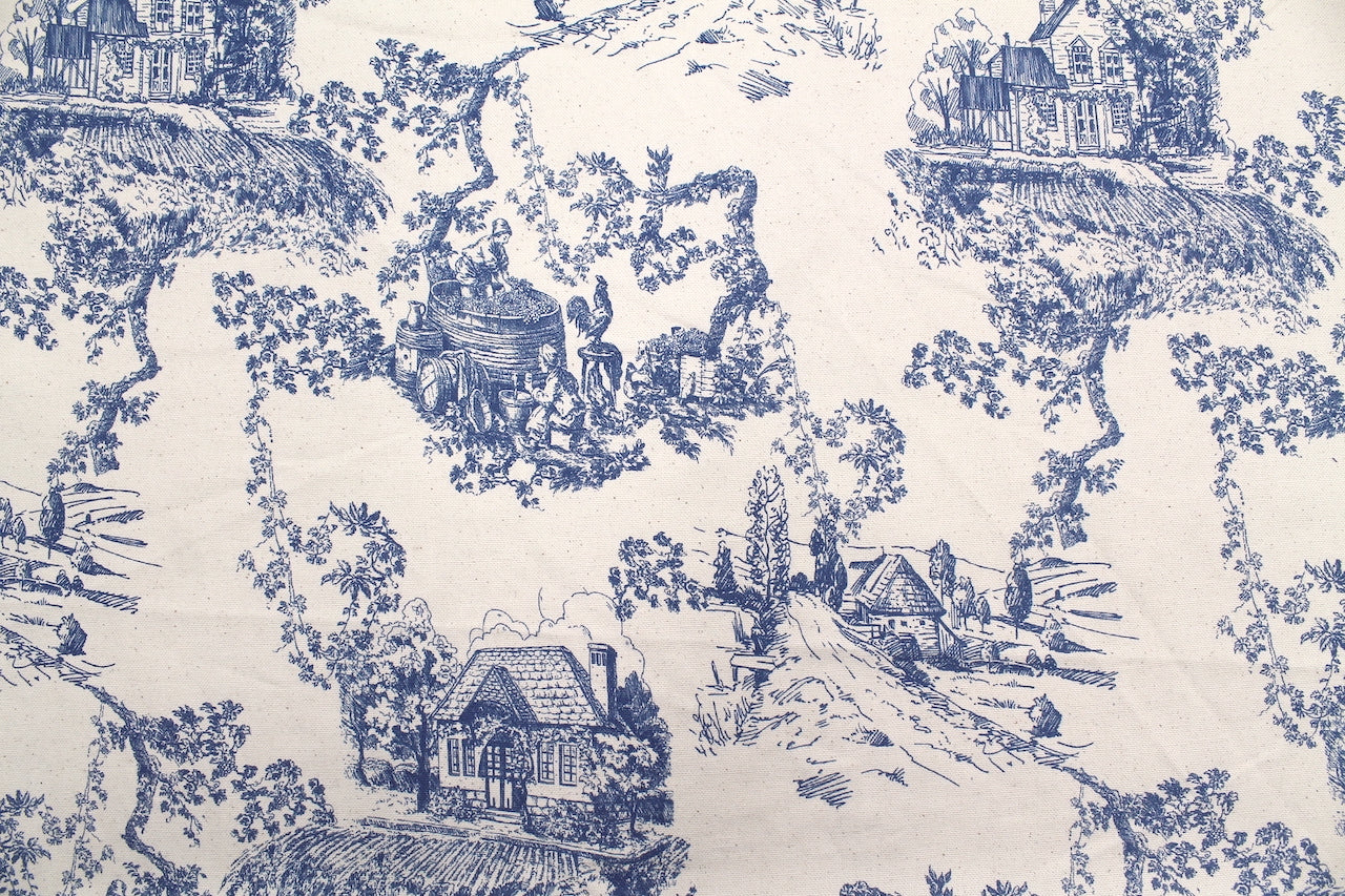 Tissu Toile de Jouy Coton Village Traditionnel Bleu