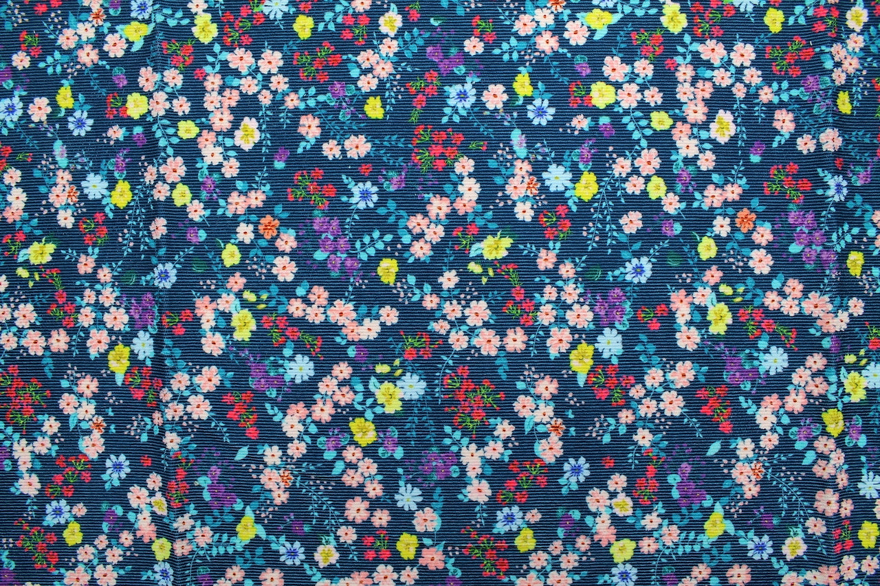 Tissu Velours côtes fines Petites fleurs Marine