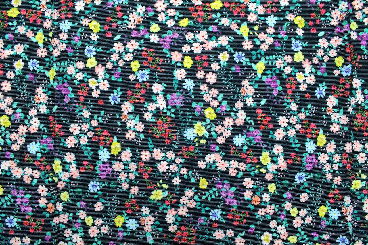 Tissu Velours côtes fines Petites fleurs Noir