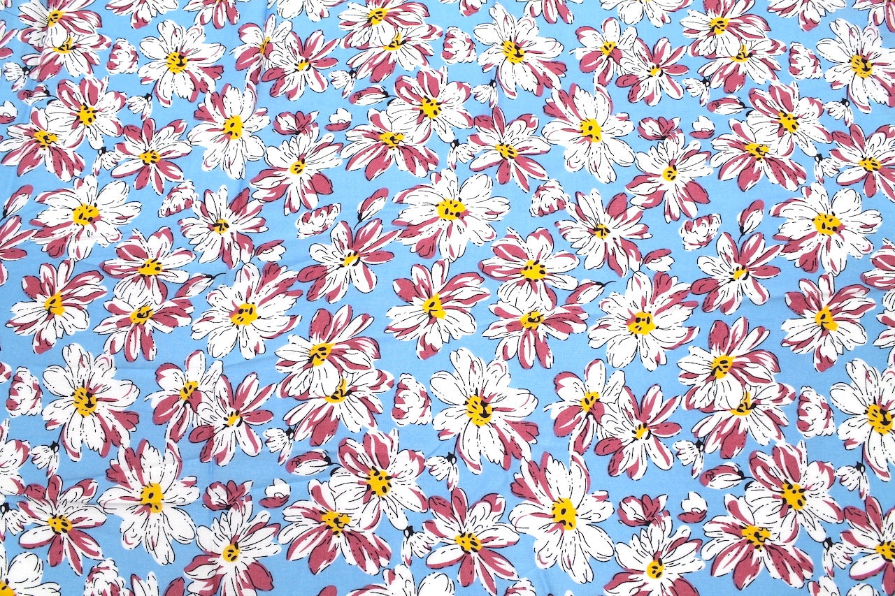 Tissu Viscose Imprimée Fleur Solène Bleu Ciel