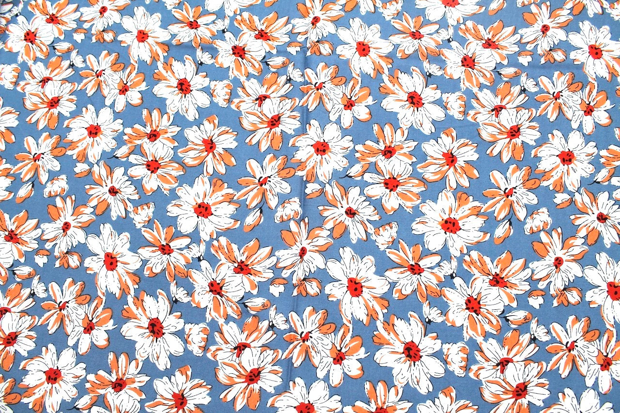 Tissu Viscose Imprimée Fleur Solène Bleu Denim