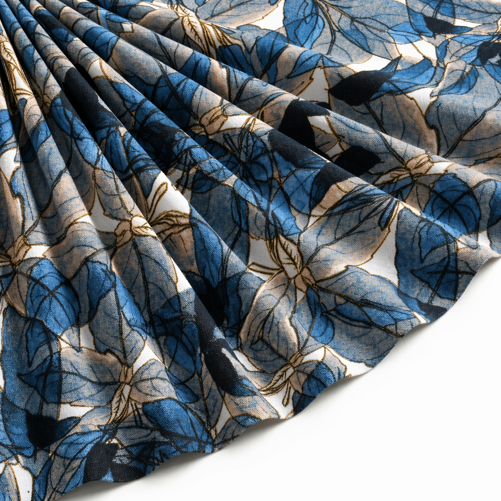 Tissu Gabardine de Viscose Imprimé Fleur Automne Bleu