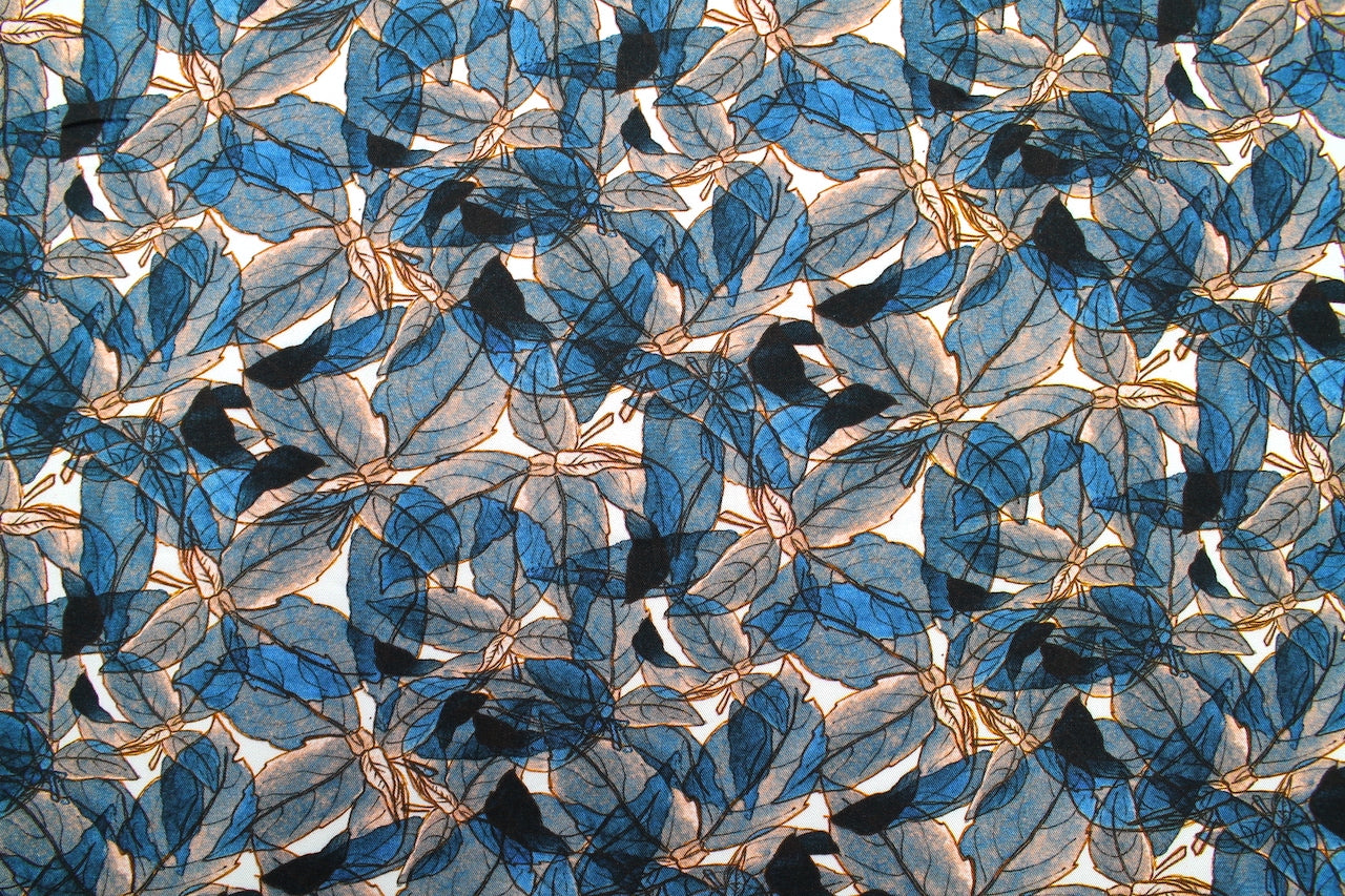 Tissu Gabardine de Viscose Imprimé Fleur Automne Bleu
