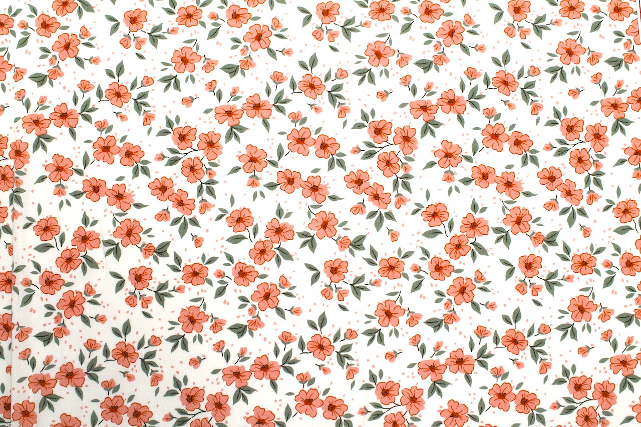 Tissu Popeline de Viscose Imprimé Fleur Délphine Corail