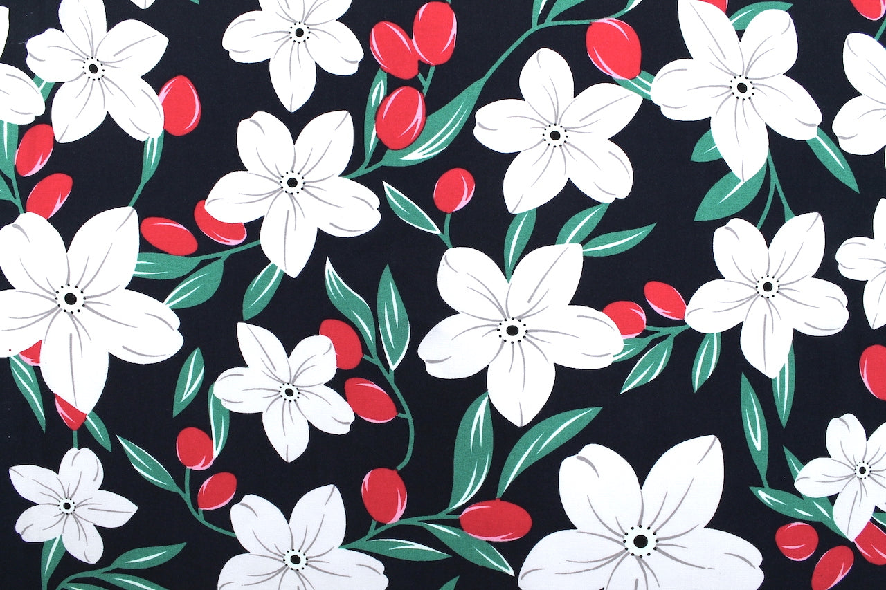 Tissu Popeline de Viscose Imprimé Fleur Évy Marine