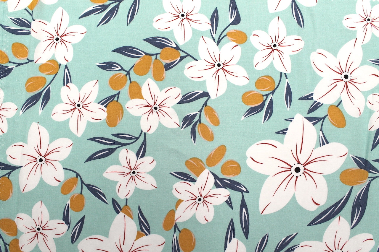 Tissu Popeline de Viscose Imprimé Fleur Évy Menthe