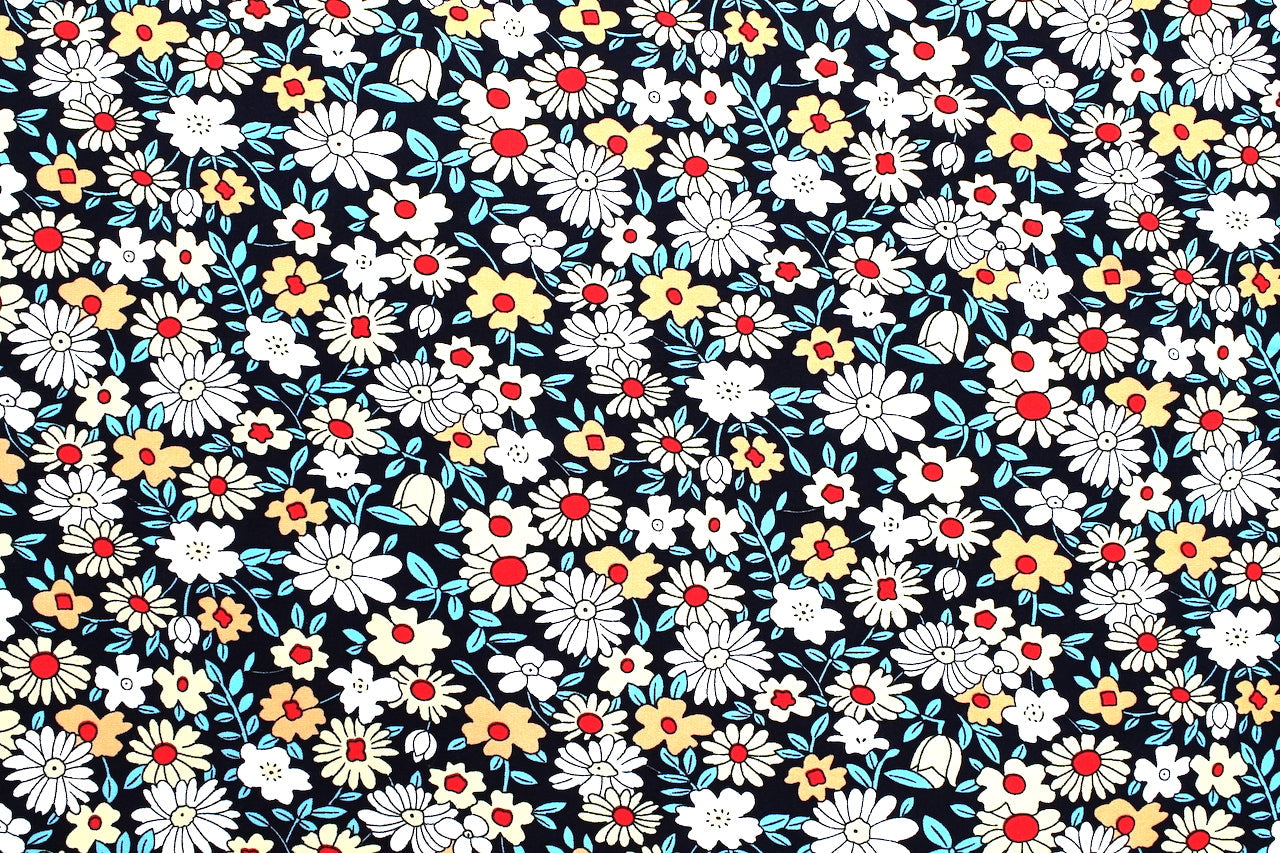 Tissu Popeline de Viscose Imprimé Fleur Hélio Marine